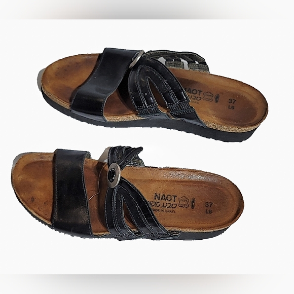 Black Leather Slide Sandals‎ - Picture 1 of 4